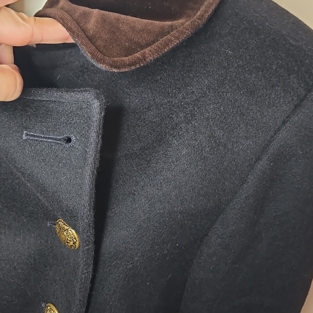 Vintage Black Wool Blend Double Breasted Jacket Gold Buttons Brown Velvet Trim M - Picture 7 of 10